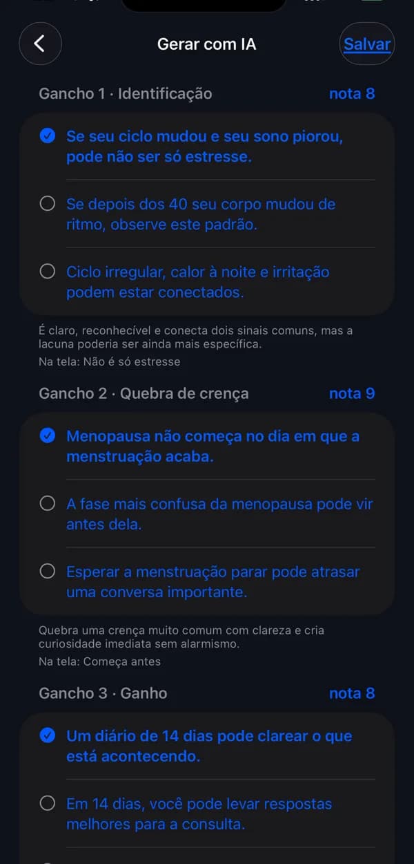 Tela Gerar com IA mostrando três ganchos com nota